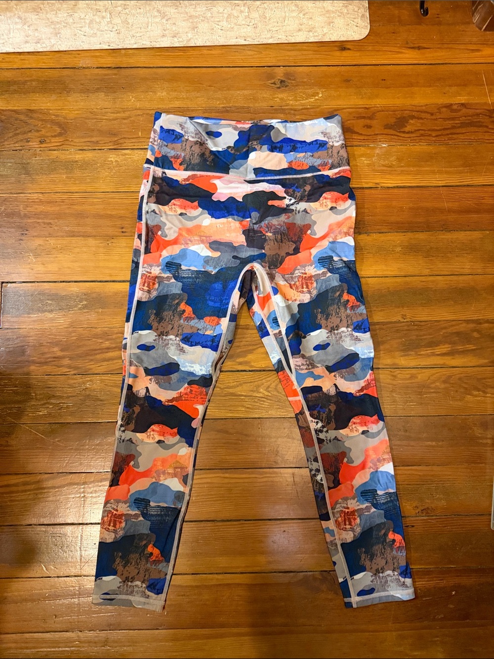 Fabletics High-Rise Camo Leggings in Blue, Orange & Gray